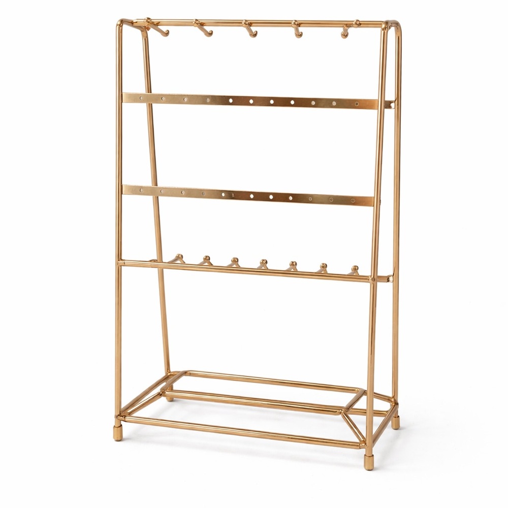 Elegant gold-tone metal jewelry organizer with multiple hooks and bars